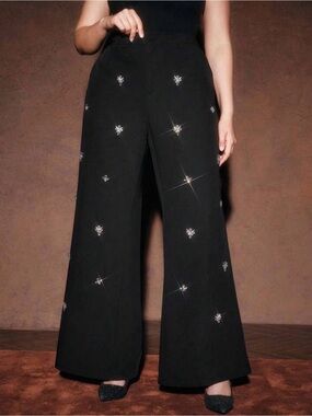 Anewsta Elegant Jeweled Formal Pants, Chic Luxury Embellished Slim Fit Trousers